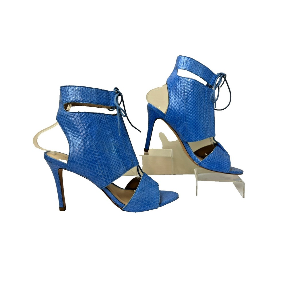 Loeffler Randall Ankle Cutout Sandals Blue Reptile Lace Up Stiletto Heel SZ 8